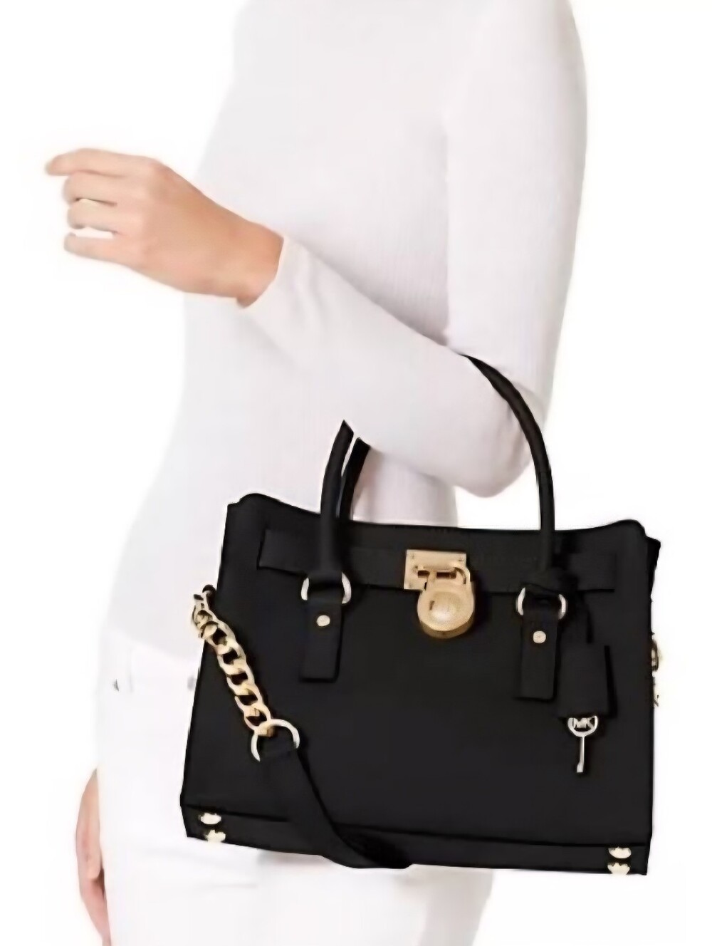 Michael Kors Hamilton Saffiano Leather Black Medium Satchel with Gold Lock